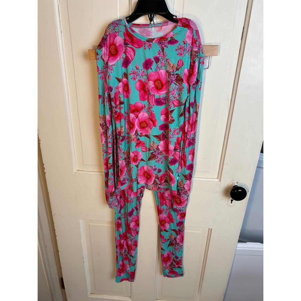 Posh Peanut Kienna Turquoise Pink Hibiscus Floral Bamboo Pajama Set 10Y-12Y